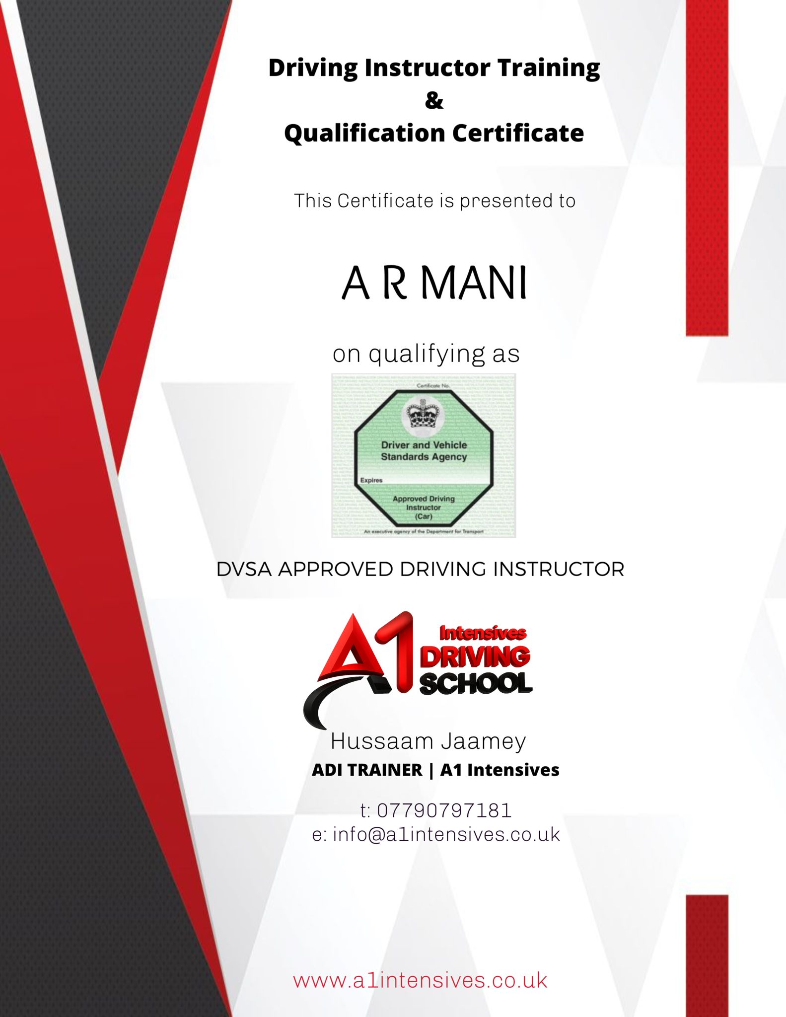 ADI/PDI driving instructor qualification pass certificate 2 - A1 Intensives