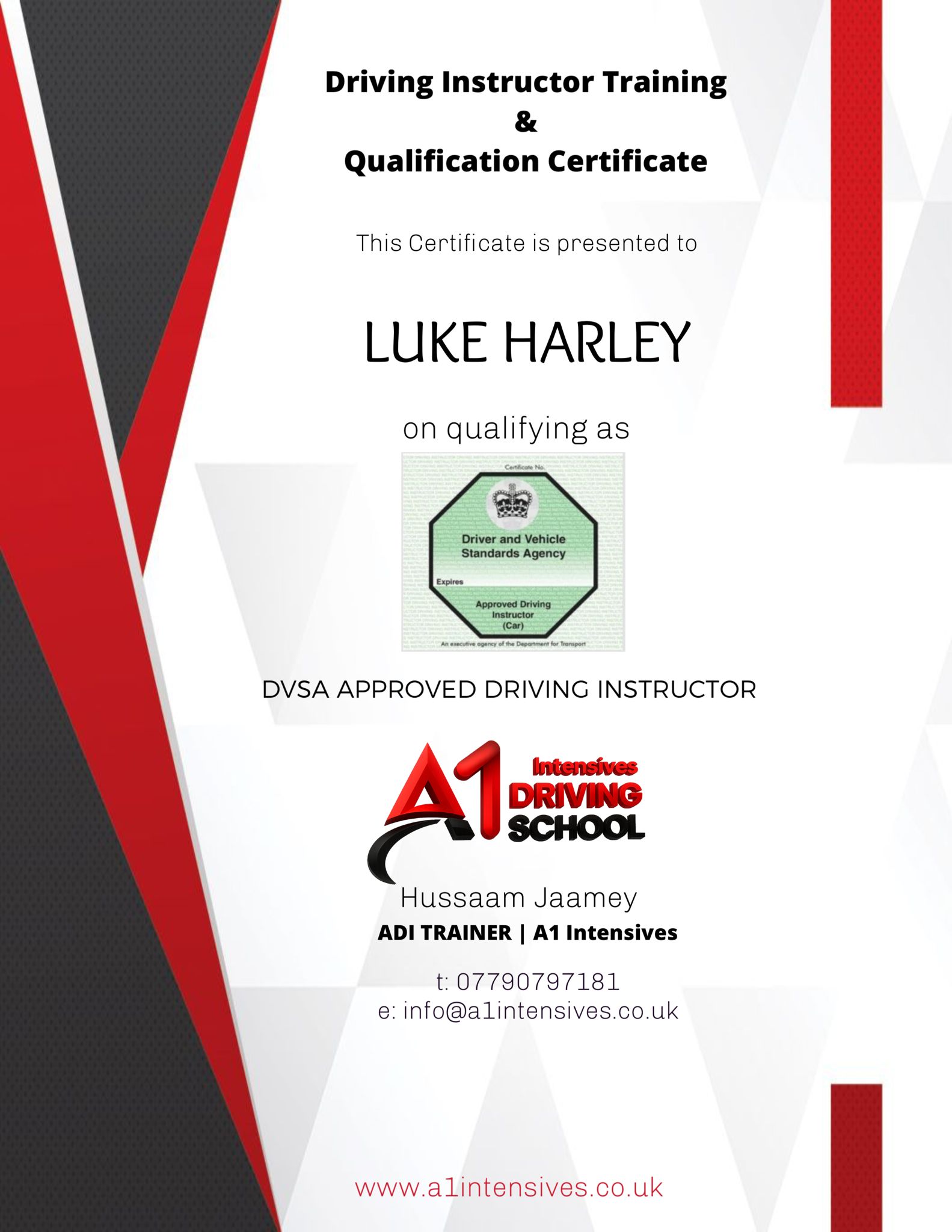 ADI/PDI driving instructor qualification pass certificate 3 - A1 Intensives