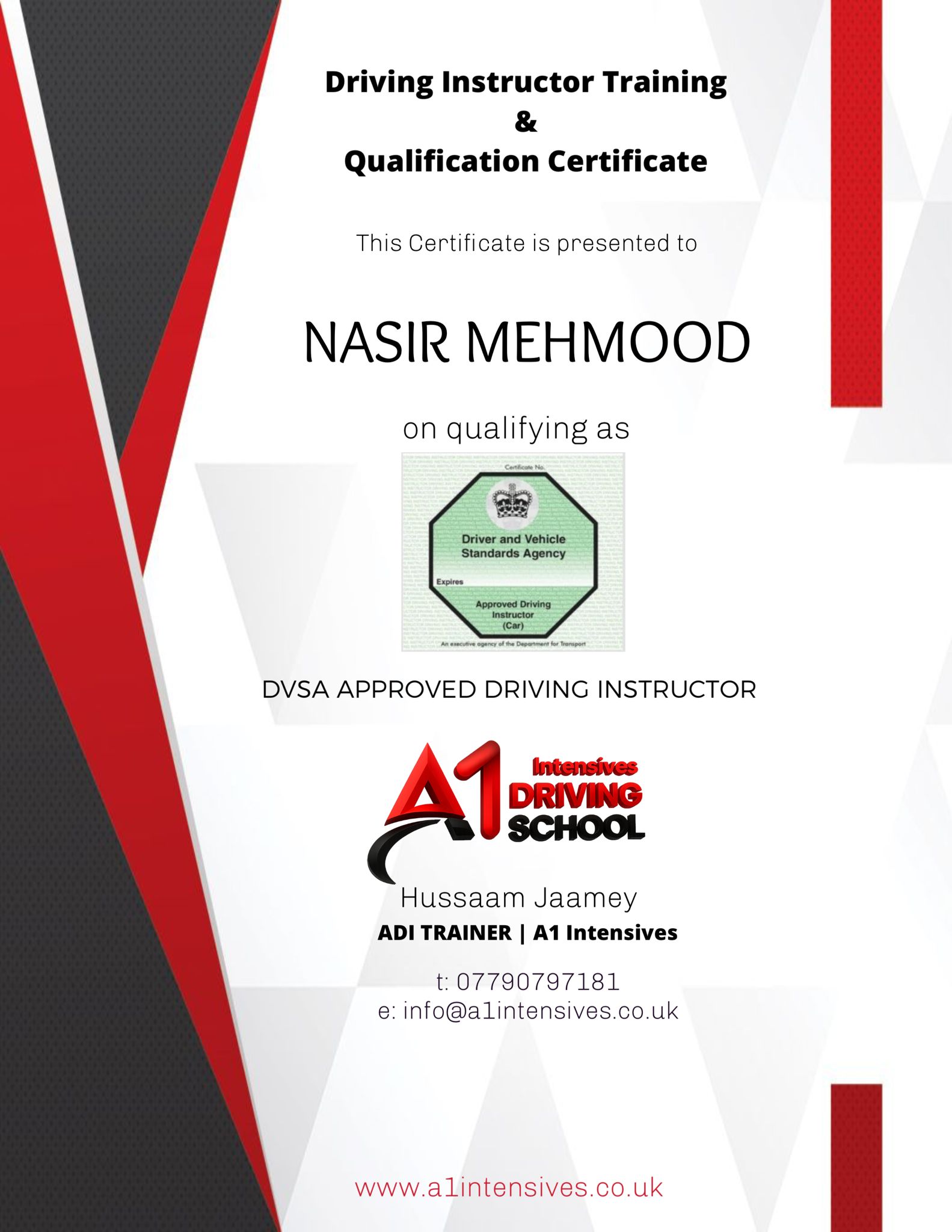 ADI/PDI driving instructor qualification pass certificate 4 - A1 Intensives
