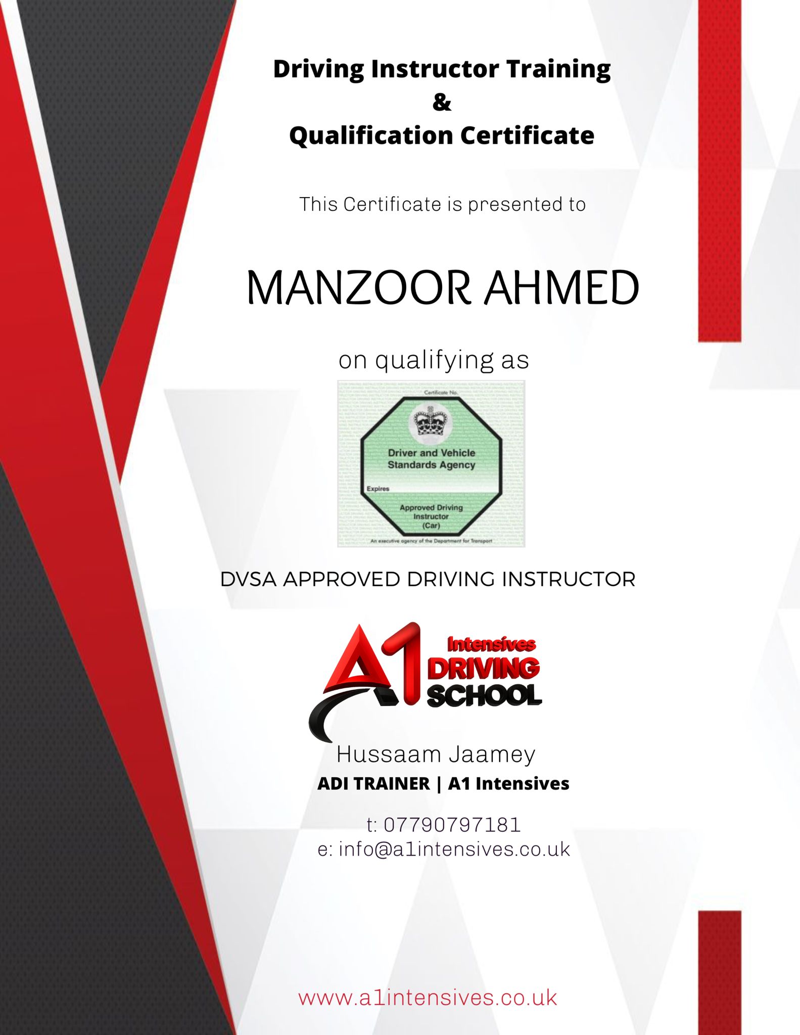 ADI/PDI driving instructor qualification pass certificate 5 - A1 Intensives
