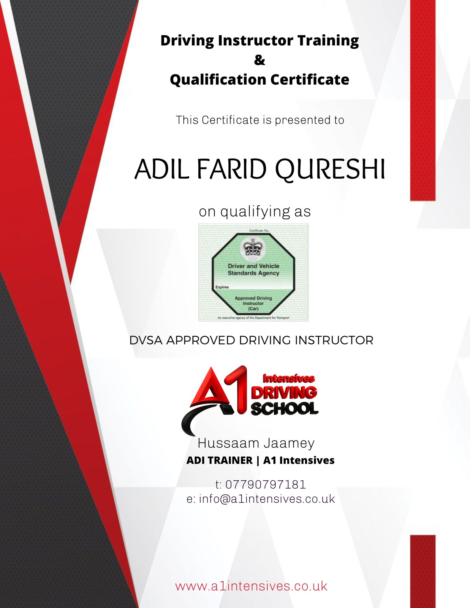 ADI/PDI driving instructor qualification pass certificate 6 - A1 Intensives