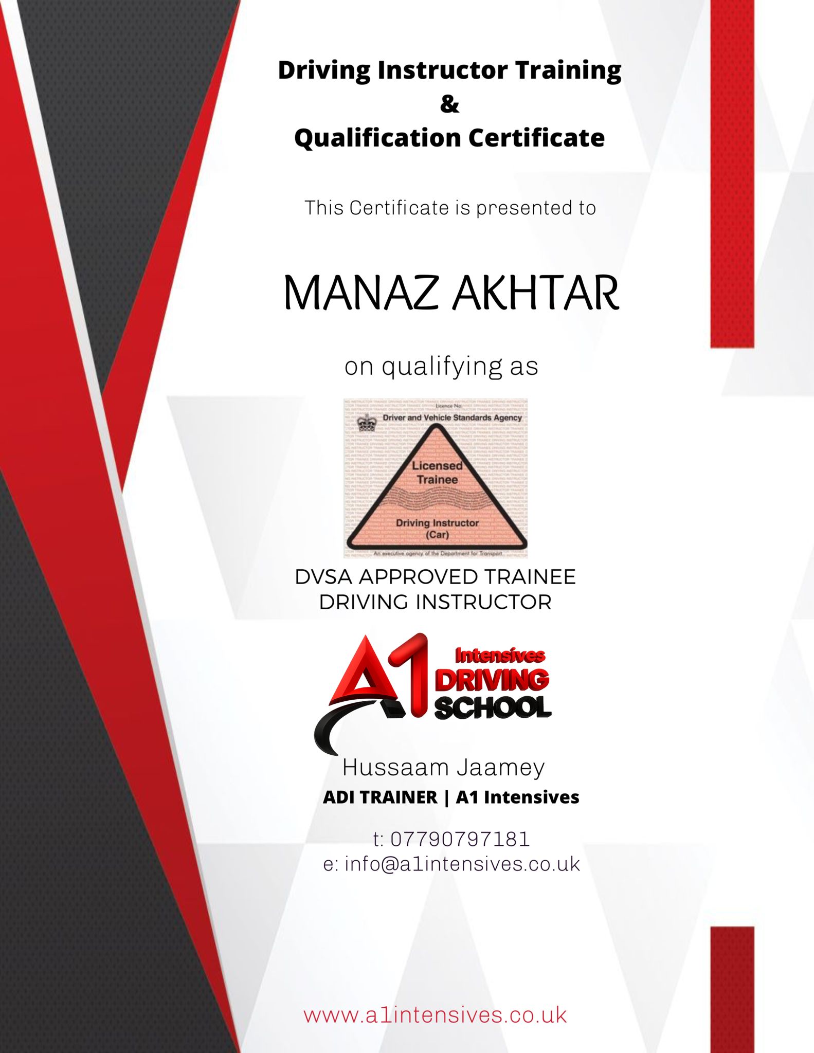ADI/PDI driving instructor qualification pass certificate 9 - A1 Intensives