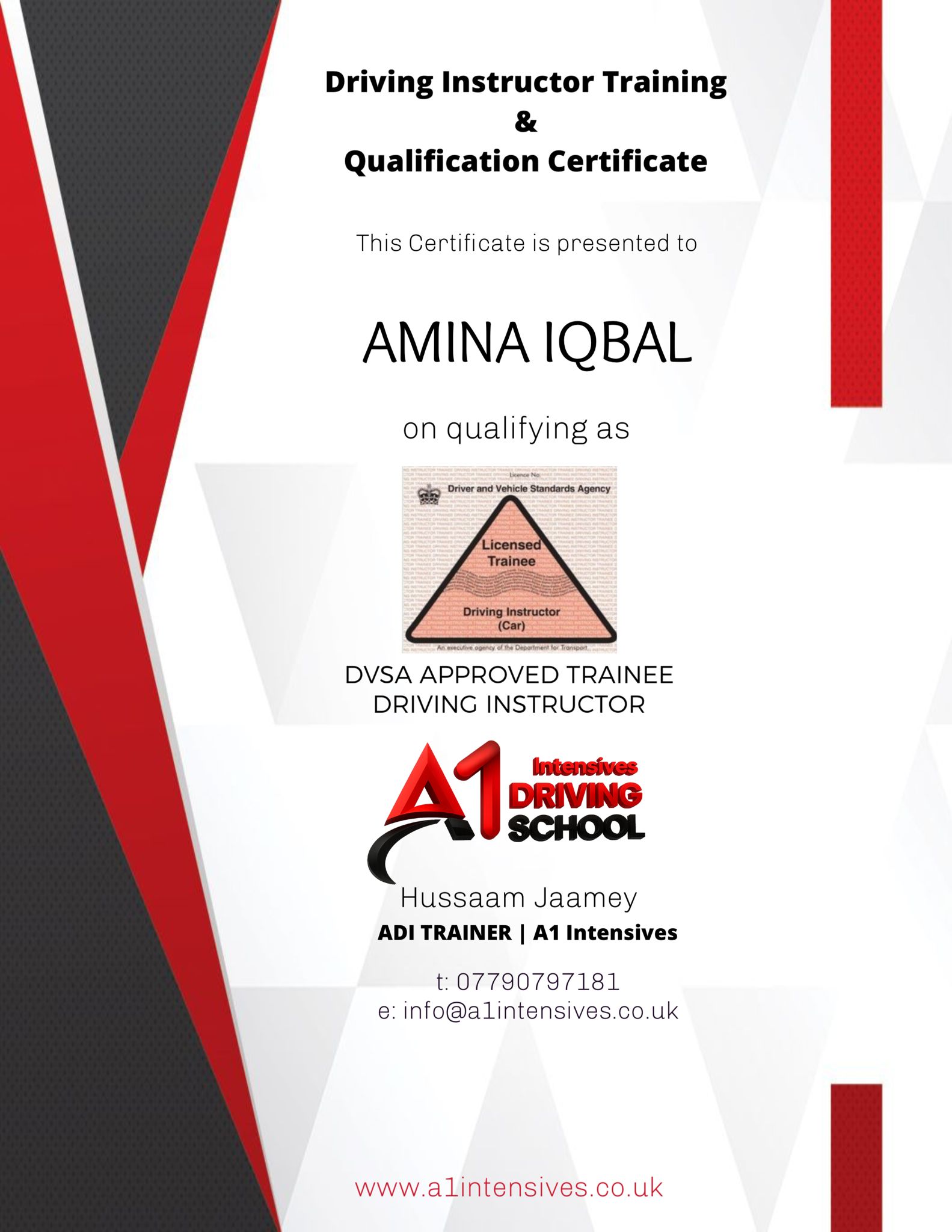 ADI/PDI driving instructor qualification pass certificate 10 - A1 Intensives