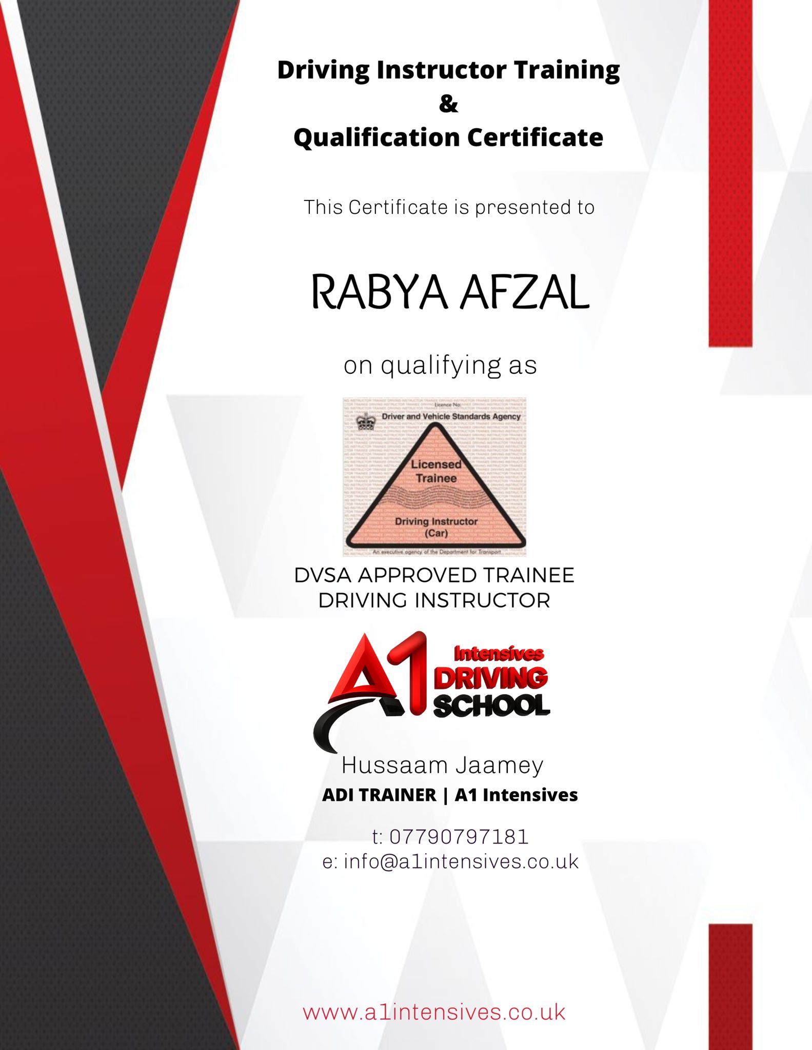 ADI/PDI driving instructor qualification pass certificate 11 - A1 Intensives